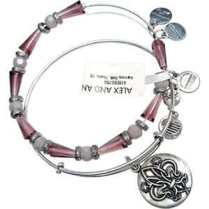 Alex and Ani Thistle Harmony Beaded Fleur De Lis Silver Tone Bangle Bracelets